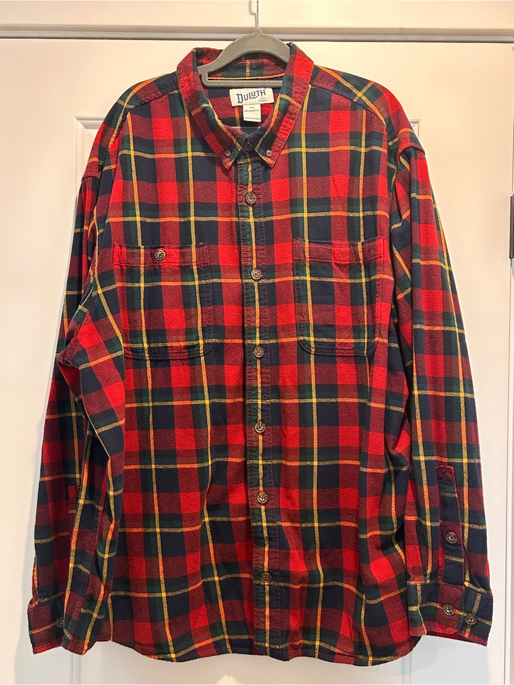 Duluth Trading Co Red and Navy Plaid Button-Up Shirt